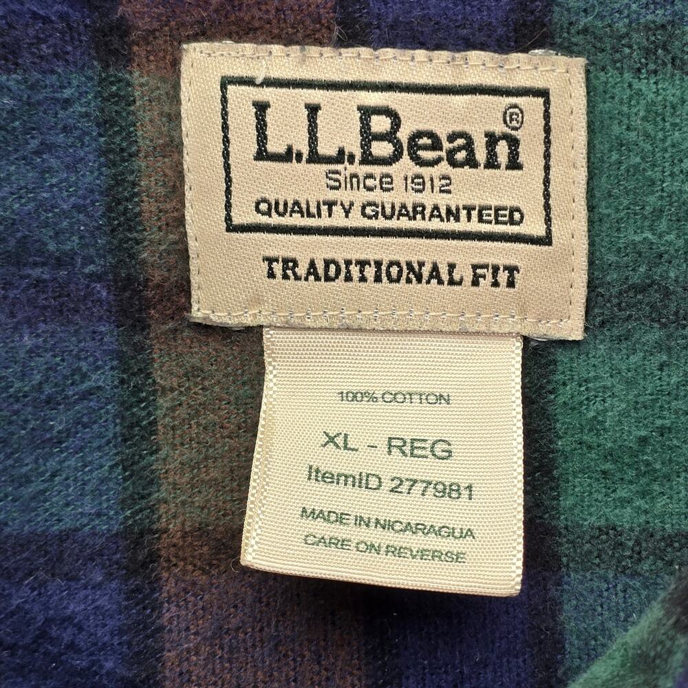 LL Bean Shirt Mens XL Green Blue Flannel Cotton Long Sleeve Button Down Workwear - Picture 3 of 6